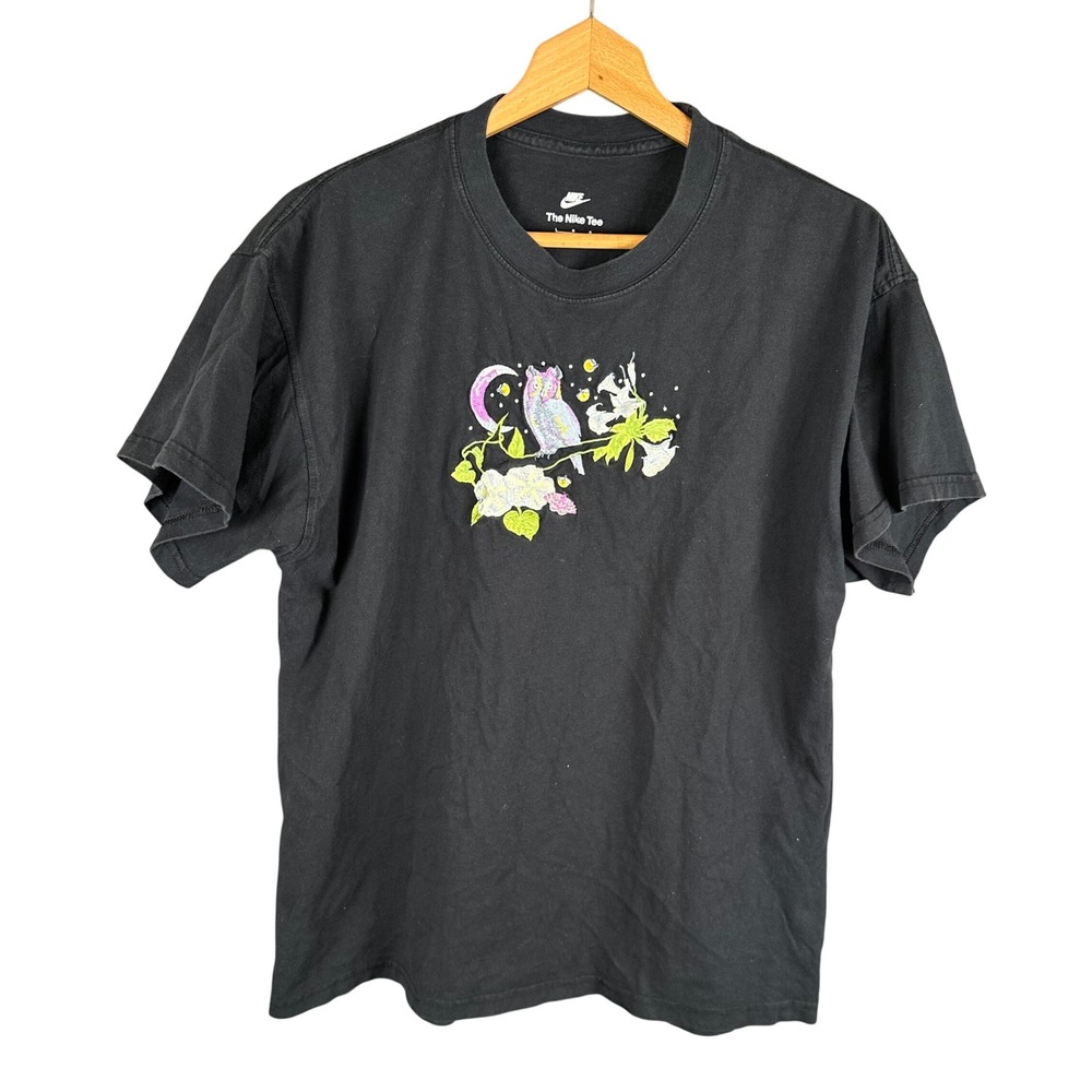 Nike Mens Owl Moon Floral Embroidered Graphic T-Shirt Black Large RN56323